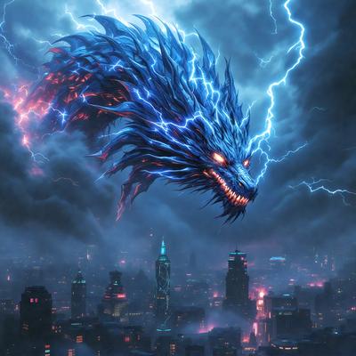 Primary subject: A blue and red dragon with a lightning bolt in its mouth, flying over a city.

Setting/background: The dragon is flying over a city with tall buildings, creating a dramatic and futuristic atmosphere.

Visual style: The image is a digital art piece, featuring a detailed and vibrant dragon.

Colors and mood: The dragon is predominantly blue and red, with the lightning bolt adding a sense of power and energy to the scene. The overall mood is dynamic and exciting.